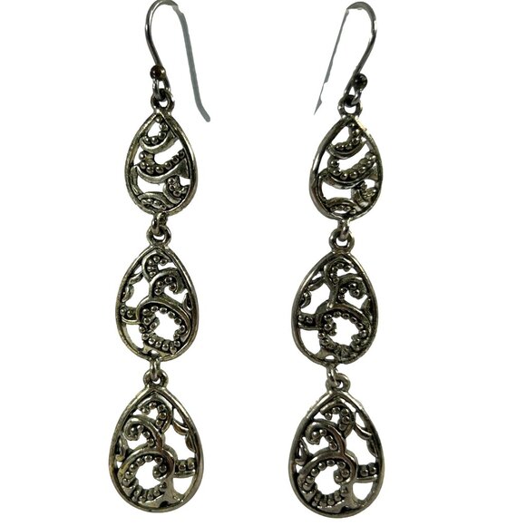 Silver Tone Earrings Triple Tier Teardrop Dangle Open Work Ornate 2.5" Drop - Picture 1 of 7